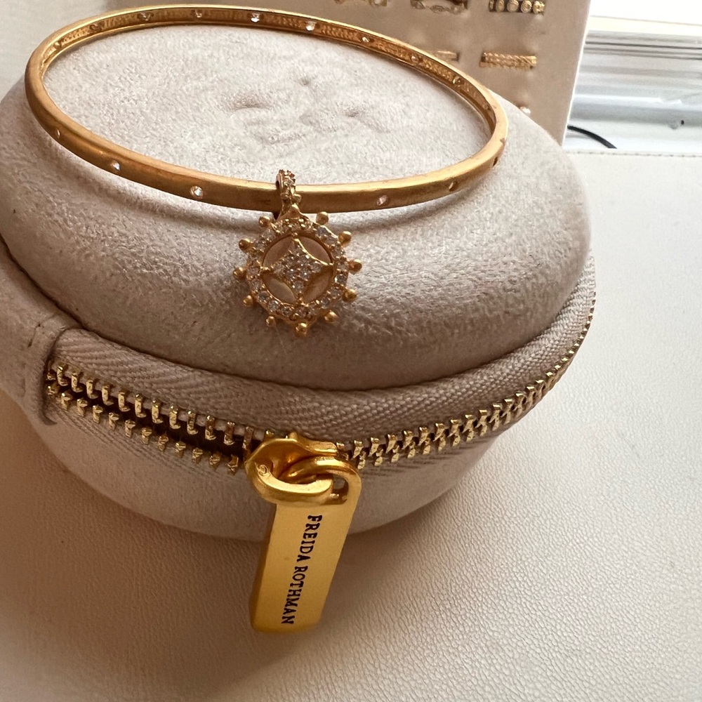 Freida Rothman Matte Gold over sterling silver sunburst Charm Bangle Bracelet